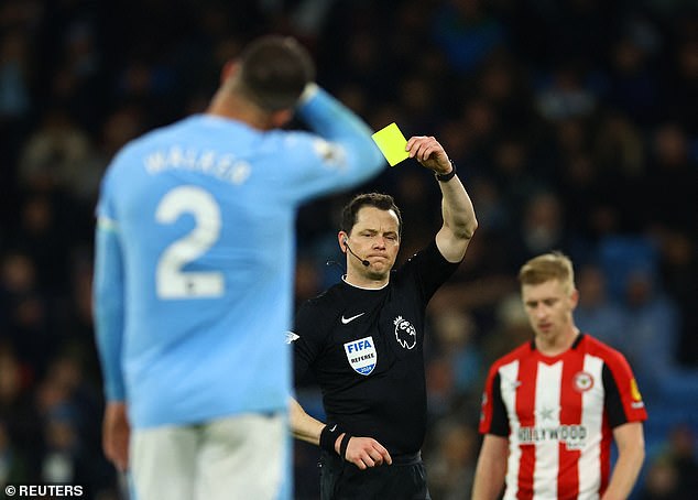 Kyle Walker was booked for clattering into Neal Maupay in the second half of Man City's clash with Brentford