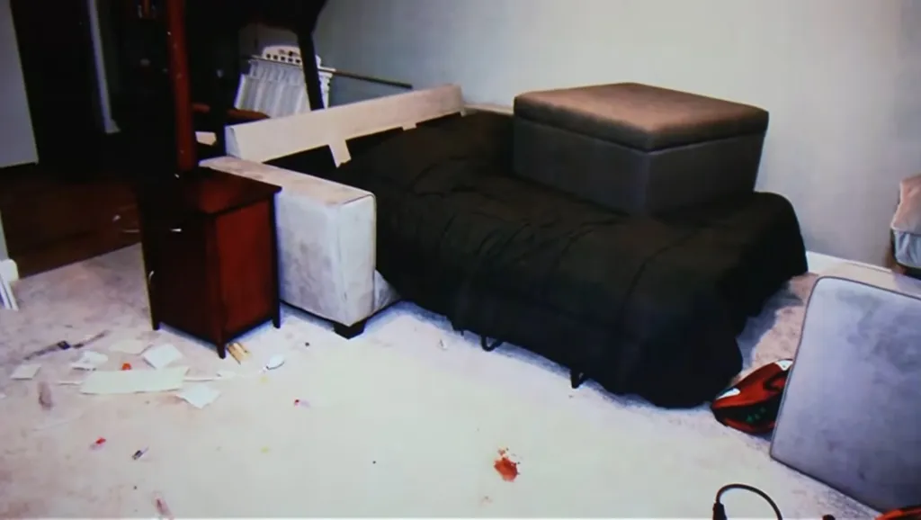 A photo from the crime scene presented in court showing the blood found in the basement.