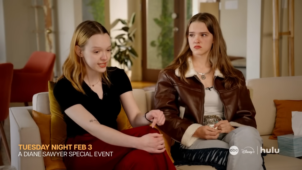 Two young women sitting on a couch for a Diane Sawyer special event.