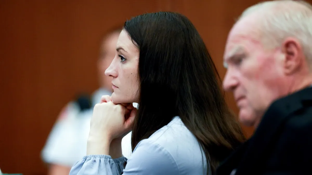 Plymouth, MA - August 11: Lindsay Clancy sits next to her defense attorney, Kevin Reddington, during her murder trial at Plymouth Superior Court on August 11, 2026. (Photo by Jonathan Wiggs/The Boston Globe via Getty Images)