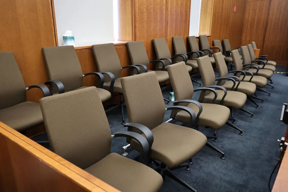 Empty jury box in Plymouth Superior Court.