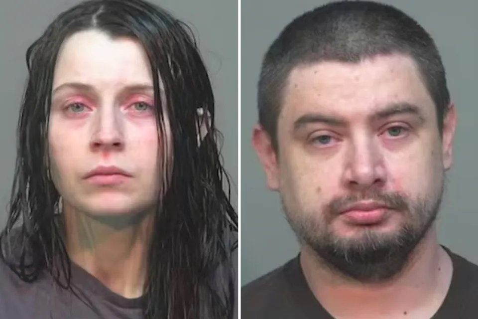 Mugshots of a woman with red around her eyes and a man with a beard.