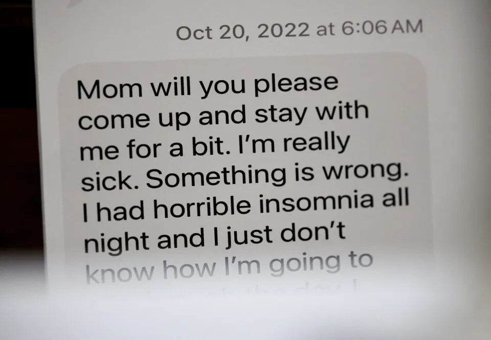Text message from Lindsay Clancy to her mom displayed during closing arguments, reading, "Mom will you please come up and stay with me for a bit. I'm really sick. Something is wrong. I had horrible insomnia all night and I just don't know how I'm going to"