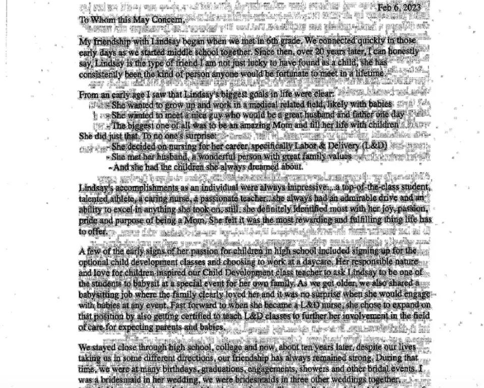 A letter of support for Lindsay Clancy, describing her character and aspirations to be a mother.