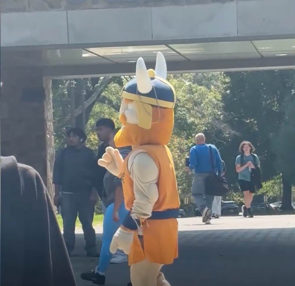 A person in a Viking mascot costume walks through an outdoor walkway on a college campus.