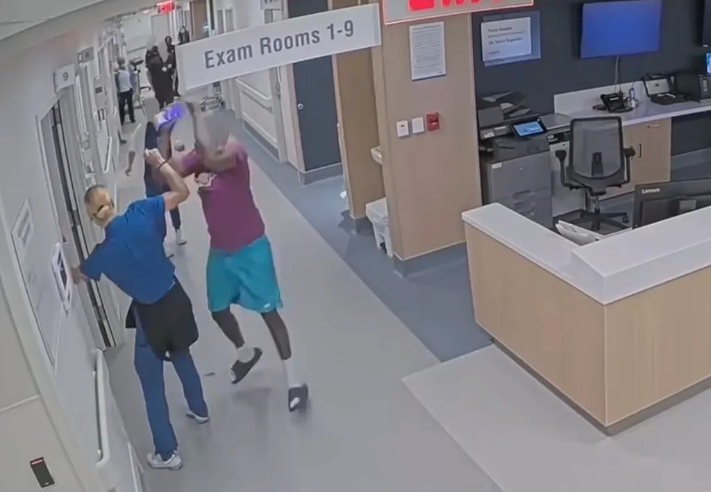 Surveillance footage of patient Rubin Wenyou punching registered nurse Yanira Eguileor inside Jackson Memorial Hospital.