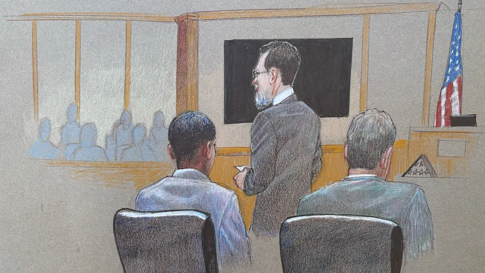 Courtroom sketch depicts Collin County prosecutors delivering opening statements in the murder trial of Karmelo Anthony