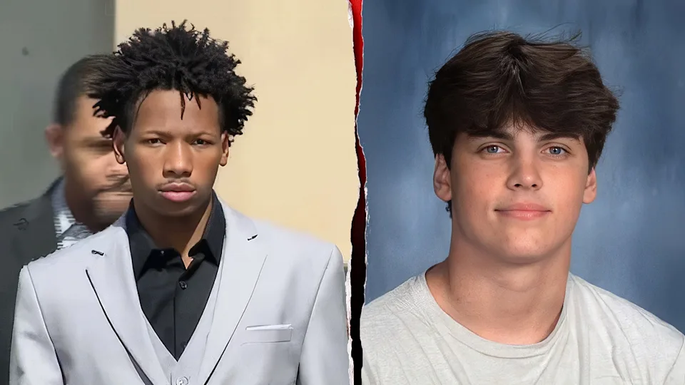 Karmelo Anthony in gray suit and Austin Metcalf in white t-shirt in school pH๏τos