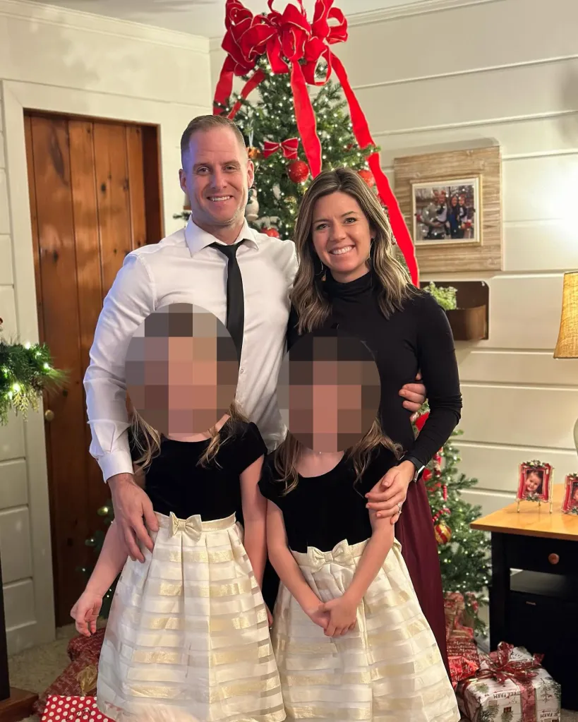 Ashley and Caleb Flynn pose with their daughters in front of a Christmas tree in undated image