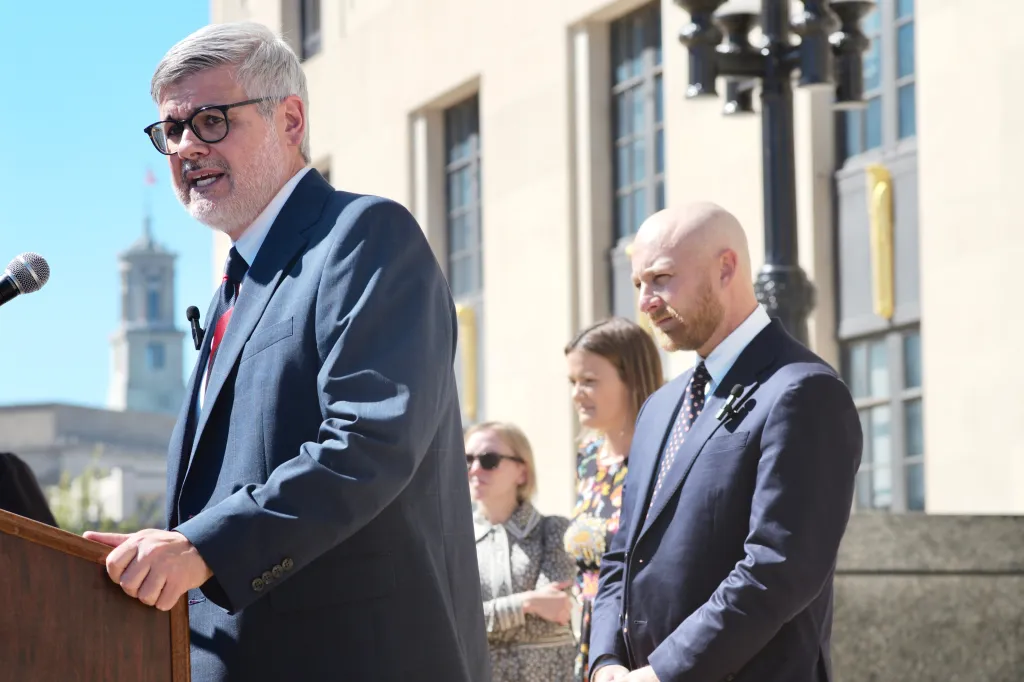 Randy Spivey, lawyer for Christa Pike, speaks at a press conference in front of Metro Nashville Courthouse & City Hall.