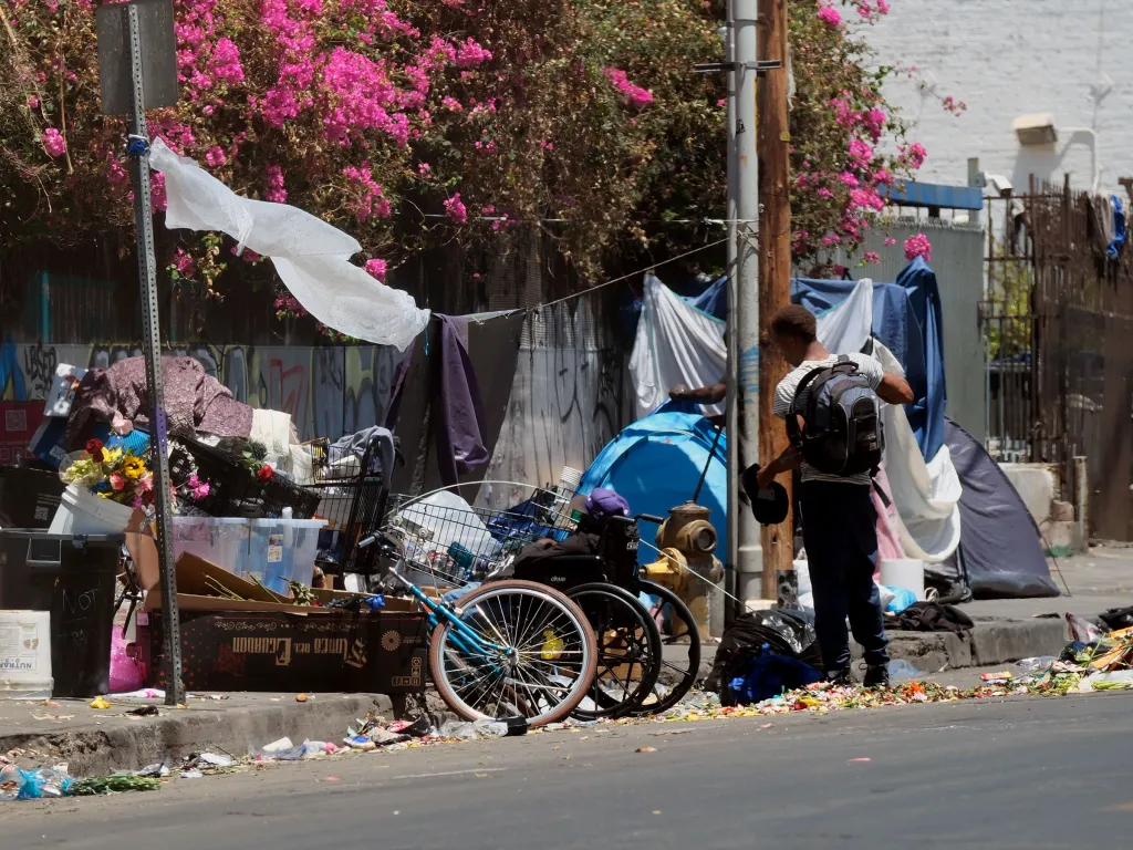 Homeless encampment on a street in downtown Los Angeles.