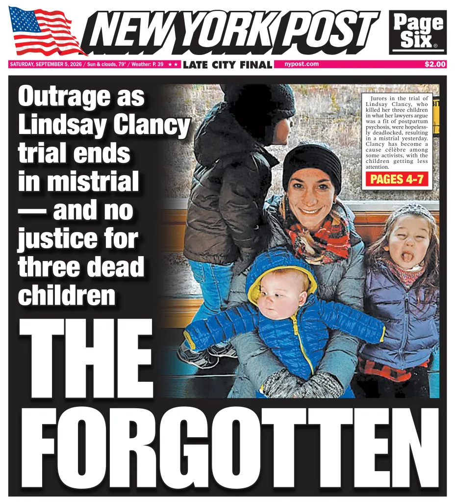 New York Post front page after Lindsay Clancy's trial ended in mistrial.