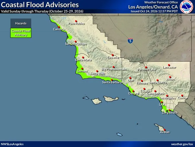 Weather map of Southern California showing a coastal flood advisory along the Pacific coast from San Luis Obispo down through Los Angeles and Long Beach.