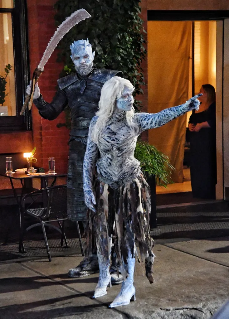 Jordyn Woods and Karl-Anthony Towns pose in "Game of Thrones"-inspired Halloween costumes as a White Walker and the Night King in New York.