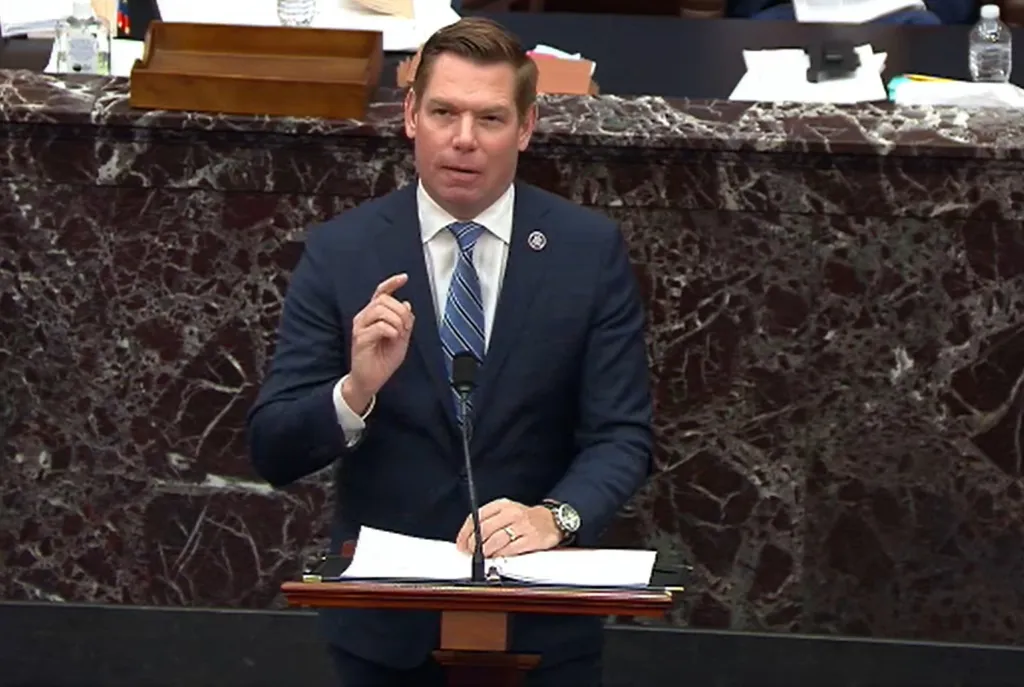 Impeachment Manager Rep. Eric Swalwell speaks during the second day of former President Donald Trump's second impeachment trial at the U.S. Capitol.
