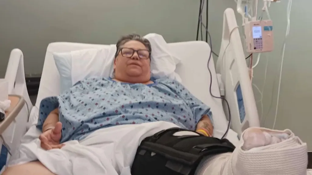 Lydia Zuñiga in a hospital bed at the Rebekah Rehabilitation Center.