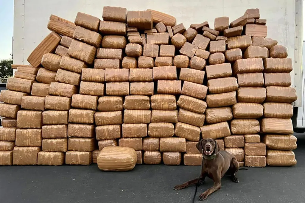 A drug-sniffing dog sitting in front of a large stack of methamphetamine bundles seized at the border.