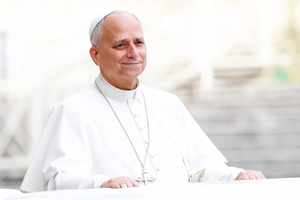 Pope Leo XIV smiling during his weekly General Audience in St. Peter's Square.