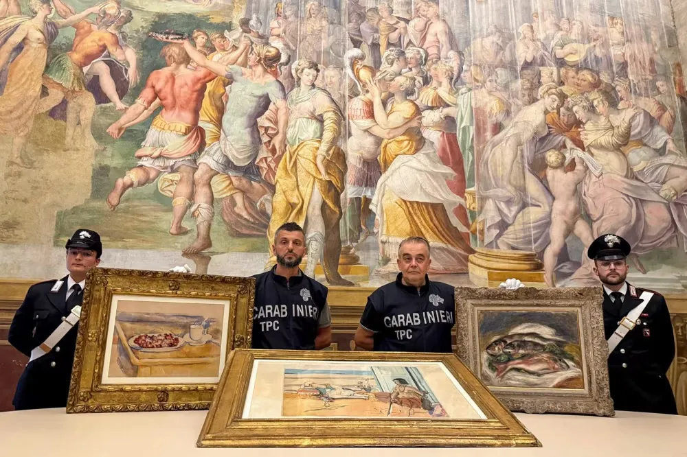 Italian authorities display three recovered stolen artworks by Renoir, Cézanne and Matisse.