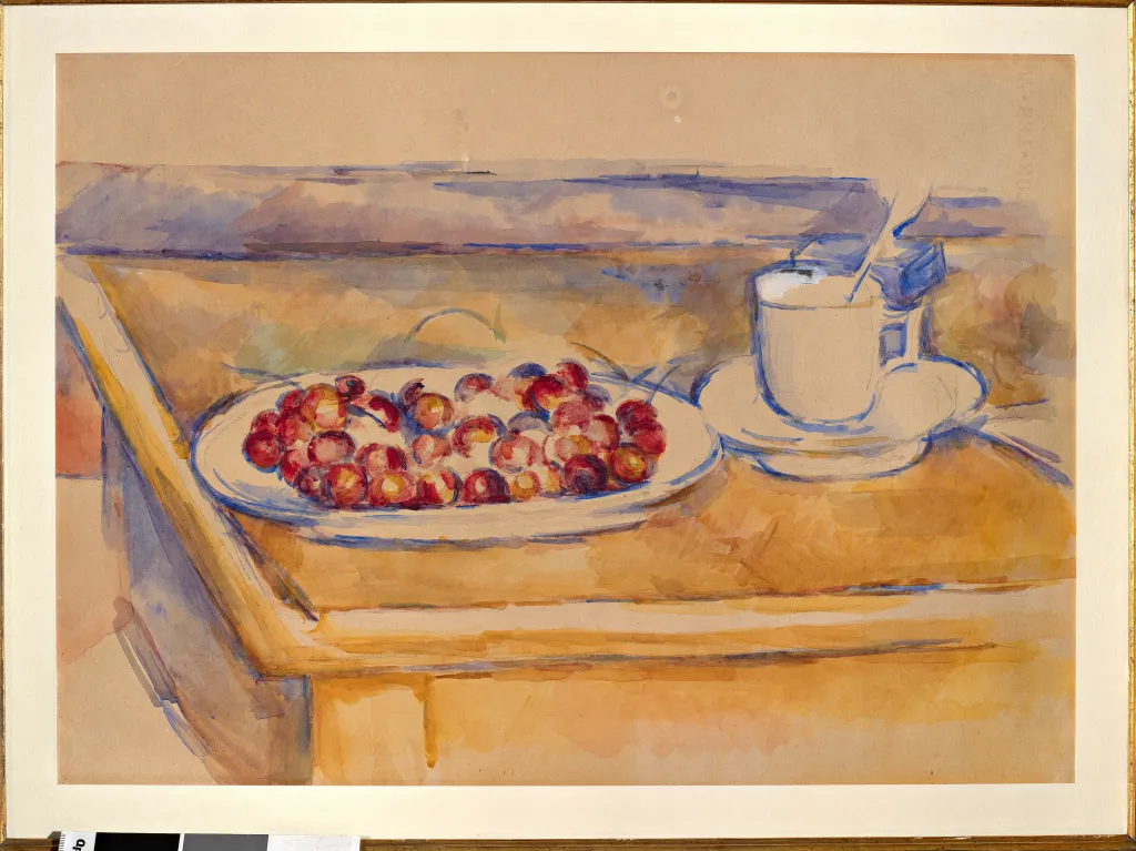 Watercolor painting titled "Cup And Plate Of Cherries" by Paul Cezanne.