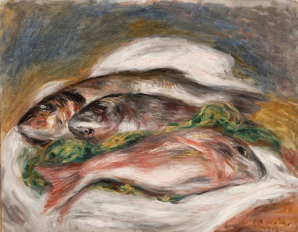 Painting titled "Les Poissons" by Pierre-Auguste Renoir, depicting three fish on a white cloth against a dark background.