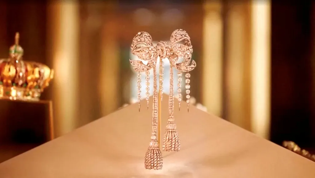 The jewel-encrusted brooch worn by French Empress Eugenie on display in a museum.