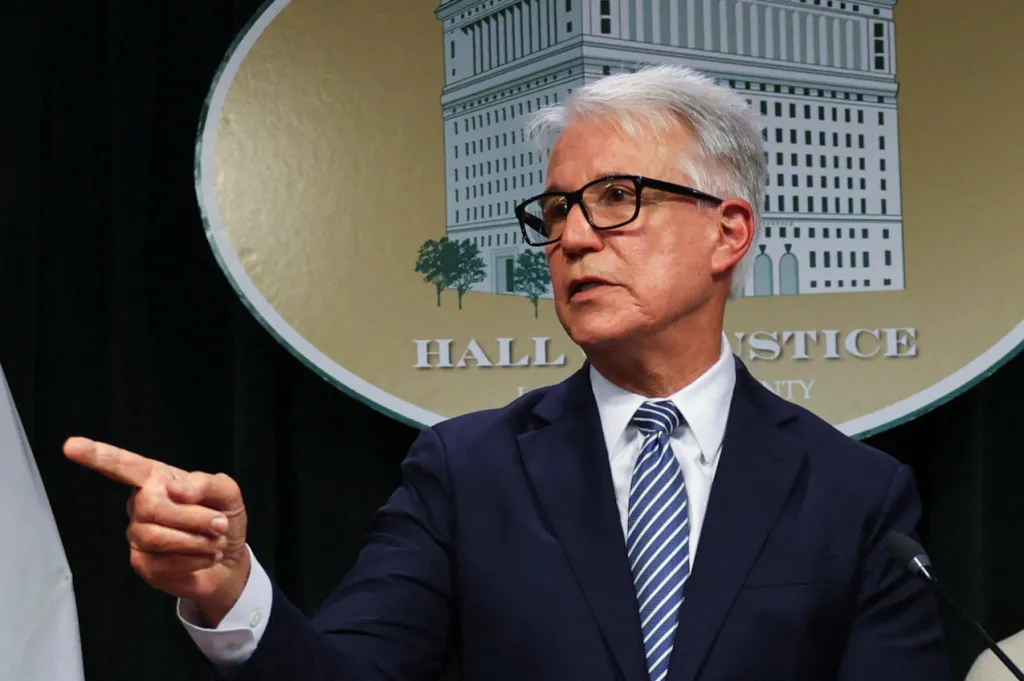 Los Angeles County District Attorney George Gascón speaks during a news conference regarding the case of brothers Erik and Lyle Menendez.